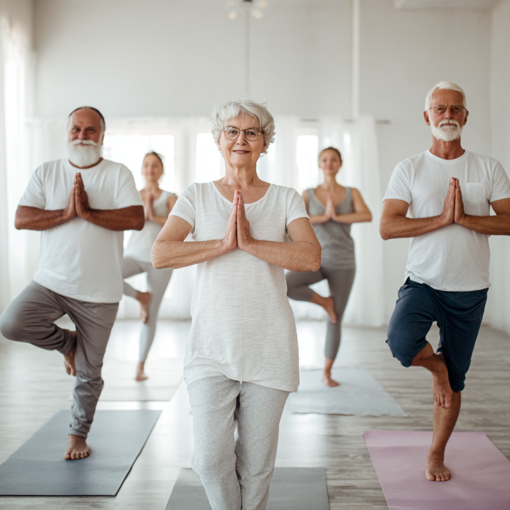 Усмихната българска жена на 35 години в удобни дрехи за йога, седяща в медитативна поза на йога постелка на открито сред природата, с нежна усмивка и спокойно изражение