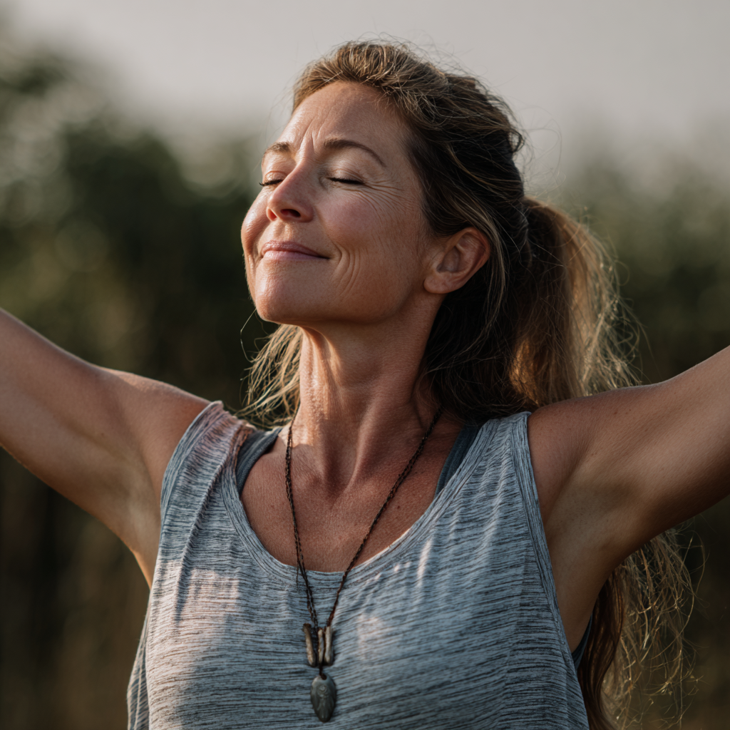 Българин на 40 години в спортни дрехи демонстрира йога поза за гъвкавост и баланс във вътрешна йога зала с естествена светлина и растения